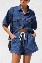 LIZAKOSHT - Collared Neck Button Up Top and Shorts Denim Set