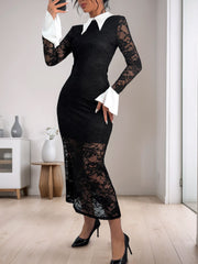 LIZAKOSHT - Perfee Lace Contrast Collared Neck Long Sleeve Midi Dress