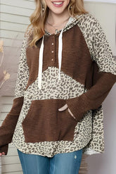LIZAKOSHT - Leopard Ribbed Patchwork Drawstring Hoodie