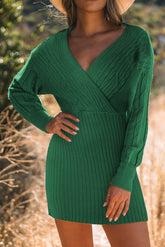 LIZAKOSHT - Cable-Knit Surplice Lantern Sleeve Sweater Dress