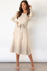 LIZAKOSHT - Round Neck Long Sleeve Tie Waist Sweater Dress