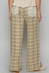 LIZAKOSHT  -  POL Lace Trim Drawstring Checkered Wide Leg Pants