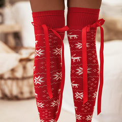 LIZAKOSHT - Christmas Element Bowknot Ribbed Trim Over Knee Stockings
