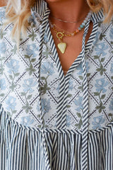 LIZAKOSHT - Tied Floral Printed Striped Long Sleeve Dress