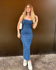Lizakosht Women New Chic Fashion backless Sexy Slim denim Midi Dress Vintage Sleeveless Wide Straps Female Dresses robe Mujer