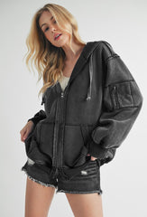 LIZAKOSHT  -  Exposed Seam Zip Up Drawstring Hooded Jacket