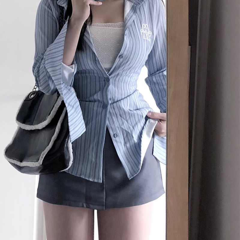 Lizakosht  Women Spring Summer Striped Y2k Shirt Long Sleeve Slim Gyaru Blouse Preppy Style New korean Fashion 2000s Aesthetic Clothes