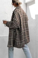 LIZAKOSHT - Houndstooth Collared Neck Long Sleeve Coat with Pockets