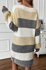 LIZAKOSHT - Color Block Boat Neck Long Sleeve Sweater Dress