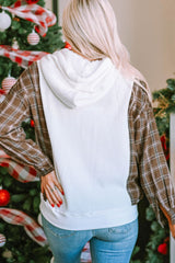 LIZAKOSHT - Waffle Knit Plaid Long Sleeve Kangaroo Pocket Hoodie
