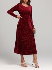 LIZAKOSHT - Flower Print V-Neck Long Sleeve Midi Dress