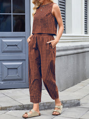 LIZAKOSHT - Lovelet Plaid Round Neck Sleeveless Top and Pants Set