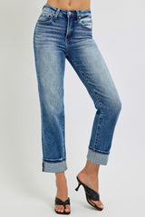 LIZAKOSHT  -  Full Size High Rise Crop Straight Roll Up Jeans
