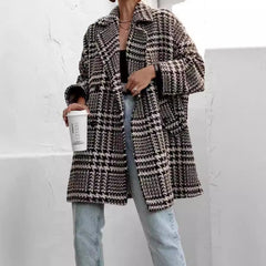 LIZAKOSHT - Houndstooth Collared Neck Long Sleeve Coat with Pockets