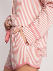 LIZAKOSHT - Striped Collared Neck Long Sleeve Top and Shorts Lounge Set