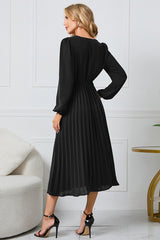 LIZAKOSHT - V-Neck Long Sleeve Tie Waist Midi Dress