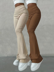 Lizakosht Solid Ribbed Flare Leg Pants 2 Pack, Casual High Waist Slim Elastic Pants, Women's Clothing