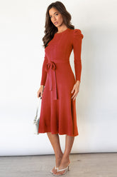 LIZAKOSHT - Round Neck Long Sleeve Tie Waist Sweater Dress