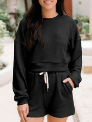 LIZAKOSHT - Ribbed Round Neck Long Sleeve Top and Shorts Set