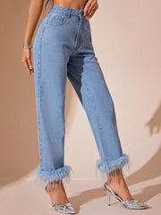 LIZAKOSHT - Plush Hem High Rise Straight Jeans