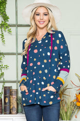 LIZAKOSHT - Full Size Polka Dot Drawstring Hoodie