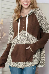 LIZAKOSHT - Leopard Ribbed Patchwork Drawstring Hoodie
