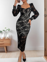 LIZAKOSHT - Perfee Lace Sweetheart Neck Long Sleeve Midi Dress