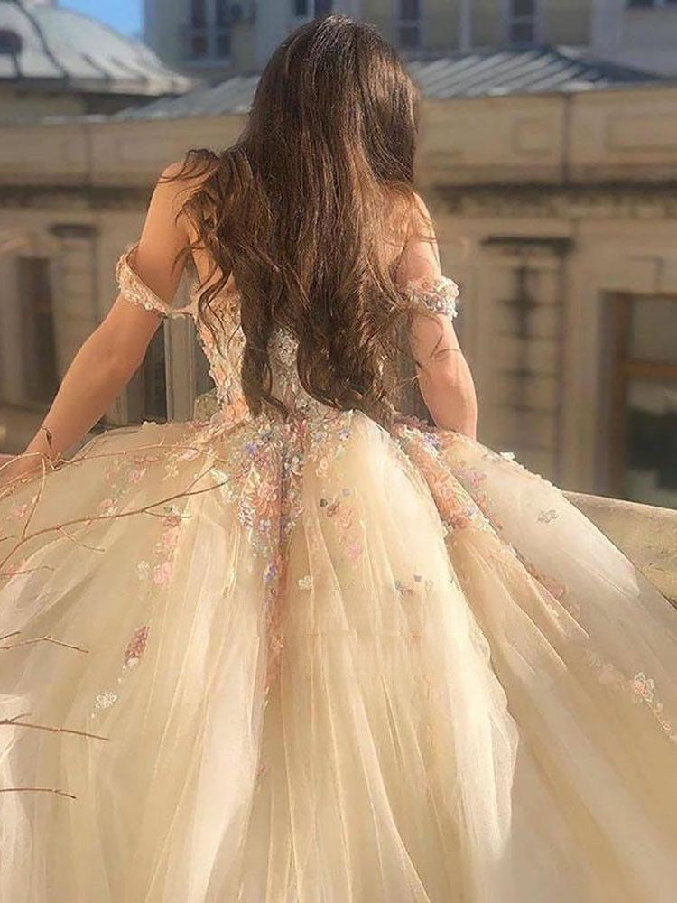 Lizakosht  Fairy Ball Gown Princess Prom Dresses Off the Shoulder Sweetheart Floral Appliques Formal Party Dresses Tulle Long Evening Gowns