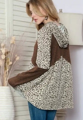 LIZAKOSHT - Leopard Ribbed Patchwork Drawstring Hoodie