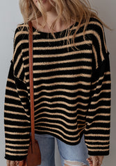 LIZAKOSHT - Stripe Drop Shoulder Round Neck Sweater