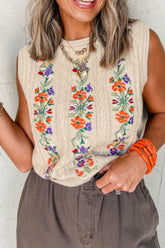 LIZAKOSHT - Embroidered Cable-Knit Round Neck Sweater Vest
