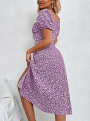 LIZAKOSHT - Women's Ditsy Floral Print Puff Sleeve Split Thigh Dress, Boho Short Sleeve Tie Front Square Neck A Line Midi Dress for Beach Holiday Vacation, Ladies Summer Clothes