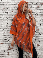 LIZAKOSHT  -  Fringe Contrast Hooded Poncho