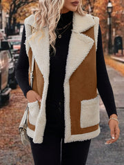 LIZAKOSHT - Full Size Contrast Open Front Sherpa Vest Coat