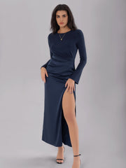 LIZAKOSHT - Split Round Neck Long Sleeve Midi Dress
