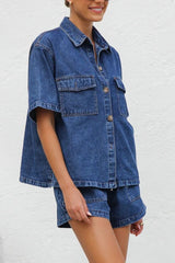 LIZAKOSHT - Collared Neck Button Up Top and Shorts Denim Set
