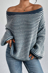 LIZAKOSHT - Striped Boat Neck Long Sleeve Sweater
