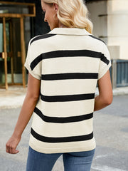 LIZAKOSHT - Striped Johnny Collar Cap Sleeve Sweater