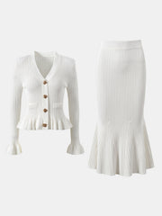 LIZAKOSHT - Ruffled V-Neck Top and Midi Skirt Sweater Set