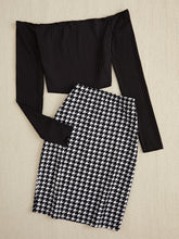 LIZAKOSHT - Off-Shoulder Long Sleeve Top and Houndstooth Skirt Set