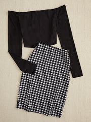 LIZAKOSHT - Off-Shoulder Long Sleeve Top and Houndstooth Skirt Set