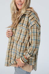 LIZAKOSHT  -  Drawstring Waffle Knit Patchwork Hooded Plaid Shacket
