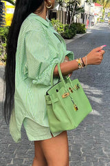 LIZAKOSHT - Women's Striped Print Pocket Split Hem Shorts Set, Casual Long Sleeve Collared Top & Elastic Waist Shorts, Summer Outfits 2024, Holiday Outfits 2024