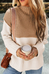 LIZAKOSHT - Slit Color Block Turtleneck Long Sleeve Sweater