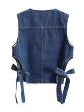 LIZAKOSHT - Women's Dark Denim Sleeveless Vest - Casual Spring/Summer Outerwear, Washed Jean Jacket with Adjustable Tie-Front, Functional Pockets, Outdoor Attire | Adjustable Front Tie | Woven Denim Texture