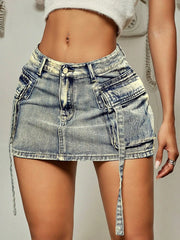 Lizakosht Trendy Street Tooling Style Flap Pocket Ribbon Details Slim Workwear Denim Mini Skirt High Street Clothing