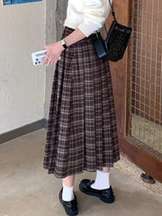 Lizakosht Cute Plaid Spring Autumn Pleated Skirt Women Japanese Style Lolita Double Belt Design High Waist Mid Long Skirt