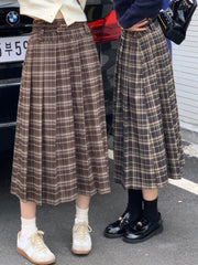 Lizakosht Cute Plaid Spring Autumn Pleated Skirt Women Japanese Style Lolita Double Belt Design High Waist Mid Long Skirt