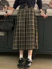 Lizakosht Cute Plaid Spring Autumn Pleated Skirt Women Japanese Style Lolita Double Belt Design High Waist Mid Long Skirt