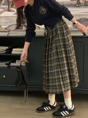 Lizakosht Cute Plaid Spring Autumn Pleated Skirt Women Japanese Style Lolita Double Belt Design High Waist Mid Long Skirt